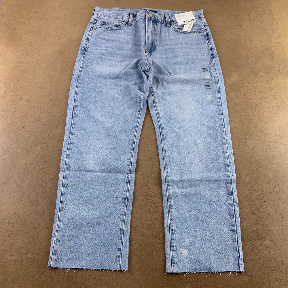 Aero Men's 32 X 32 Light Wash Non Stretch Denim Relaxed Taper Raw Hem Jeans NWT